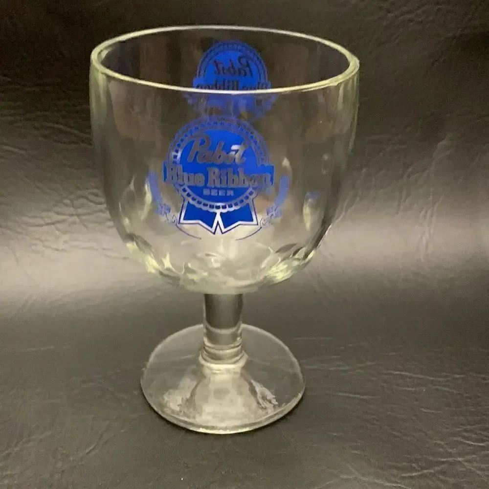 Pabst Blue Ribbon Beer Blue 16 Ounces Cold Draft Beer Glass Stemmed Mug 6 Inch